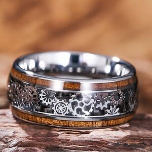 316L Stainless Steel Steampunk Gear Wood Inlay Wedding Band Ring - Unisex